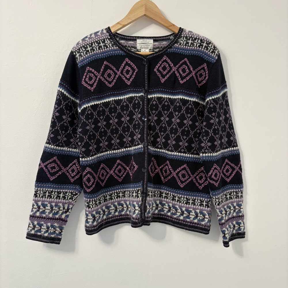 Vintage 90s Christopher & Banks Hand Embroidered Purple Cardigan Sweater Sz M